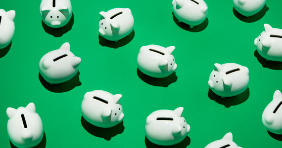piggy banks on green background